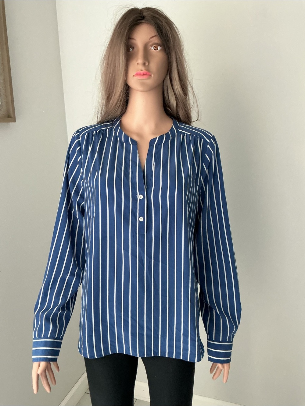 J. Crew Navy and White Vertical Stripe Button-Front Long Sleeve Shirt